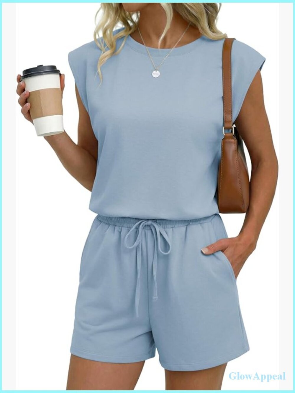 Women's Romper with Pockets Casual Short Jumpsuit Cap Sleeve Drawstring Lounge